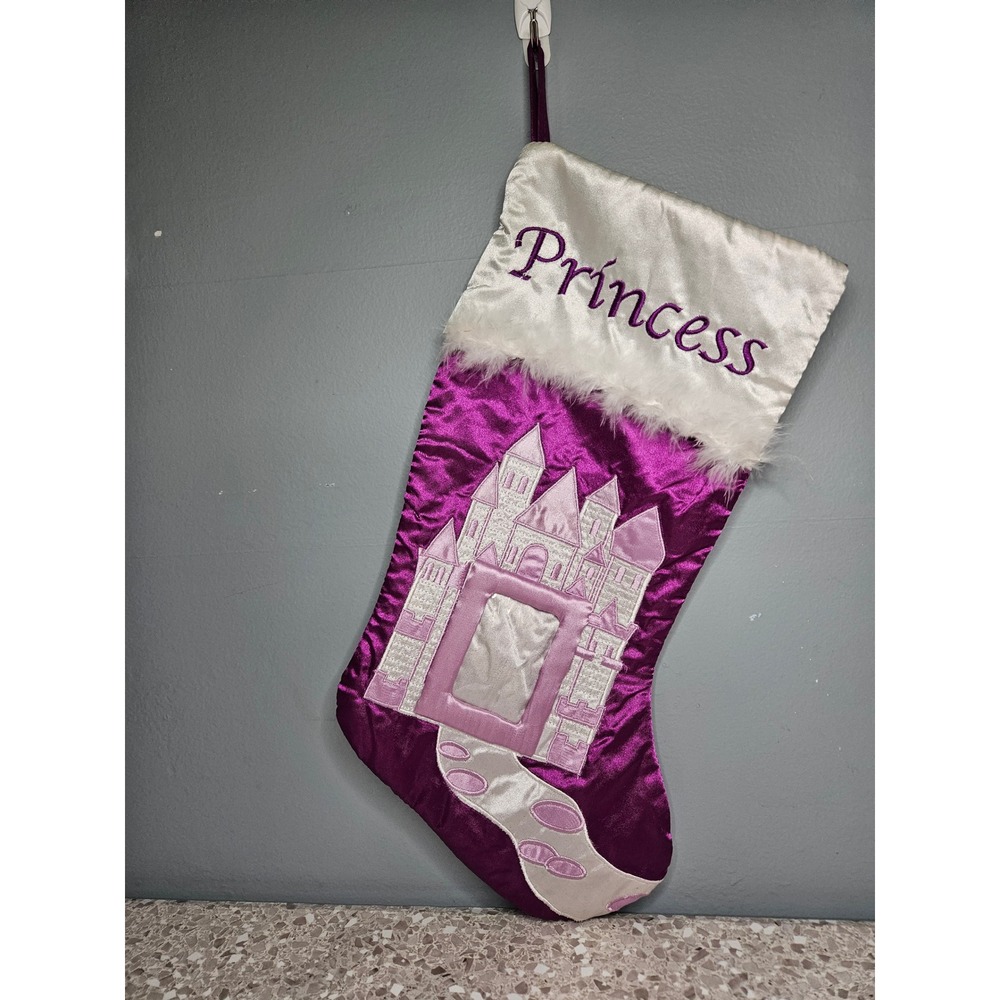 Santas Best Christmas Stocking Purple Princess Castle Photo Frame Faux Fur Trim
